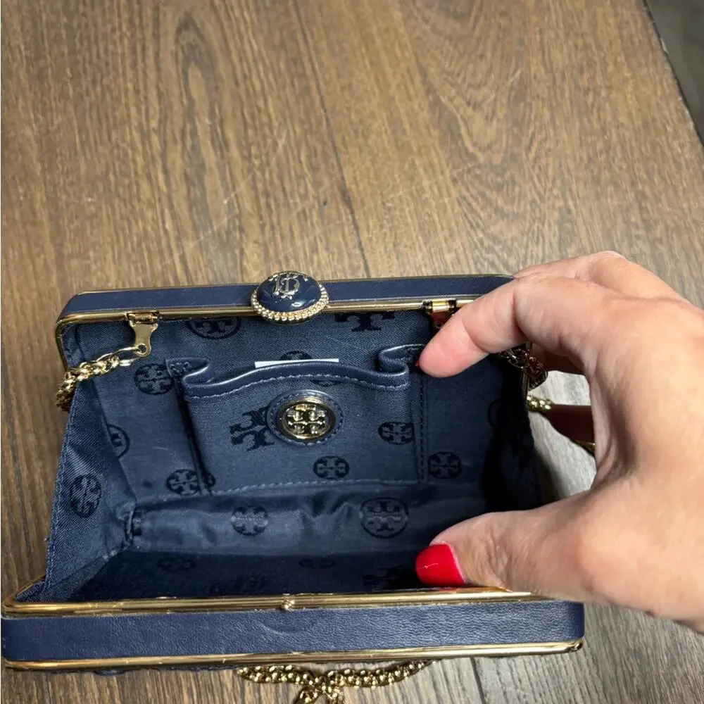Tory Burch Navy Blue Gold Crochet Chain Evening Purse Clutch